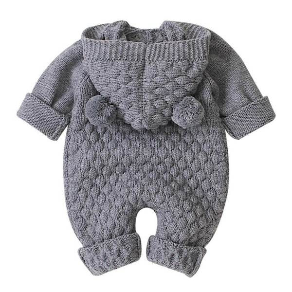 Nyfødt Baby Boy Girl Bear Ear Strikket Romper Jumpsuit Hættetrøje Outfit Sæt （6-12Monate）
