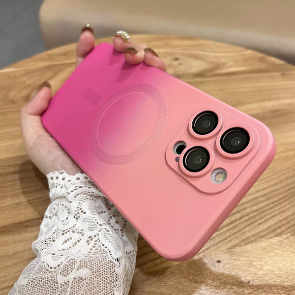 Magnetisk etui til iPhone 14 Pro Max med kameralinsebeskytter, [Kompatibel med Magsafe] Luksus gradientfarve cover mat (Pink&Rød)
