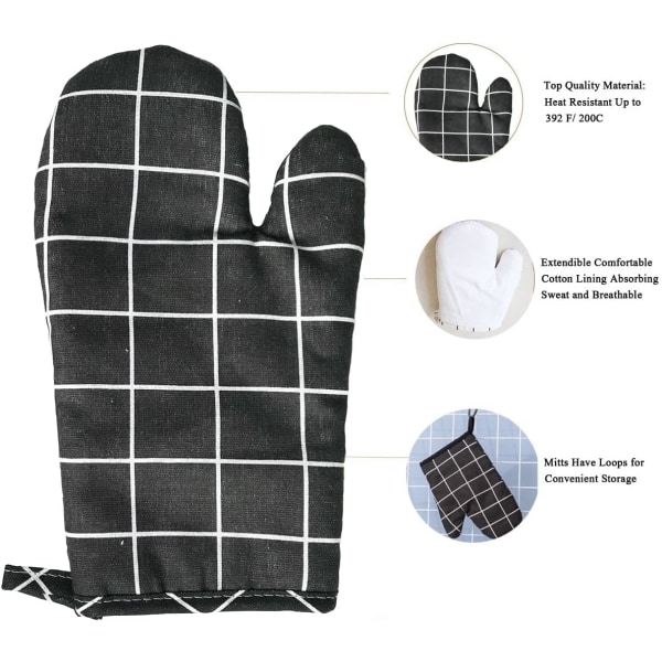 Uuninlämmönkestävät lapaset, 2 kpl 10,6 tuumaa x 6,7 tuumaa (noin 26,9 cm x 17,0 cm) Puuvillaiset uuninlämmönkestävät lapaset, liukumattomat lämmönkestävät uuninlämmönkestävät lapaset (musta)