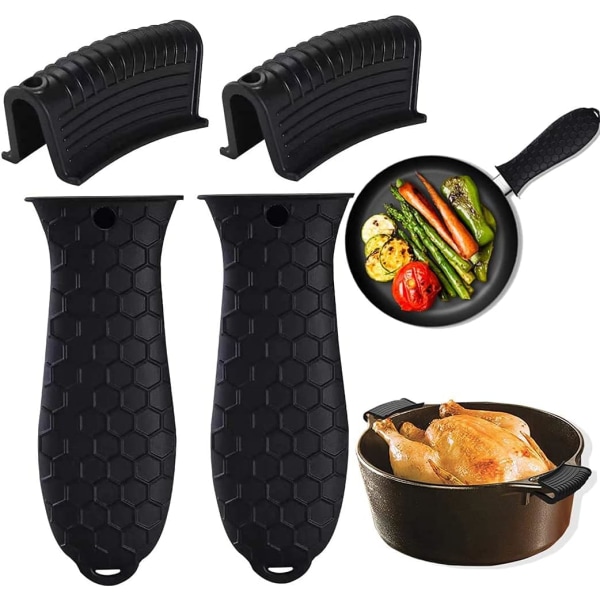 Silicone Hot Handle Sleeve 4-Piece Cast Iron Frying Pan Handle Lid Pan Handle Sleeve Non-Slip Heat Resistant Removable Metal Pan Liner (Black)