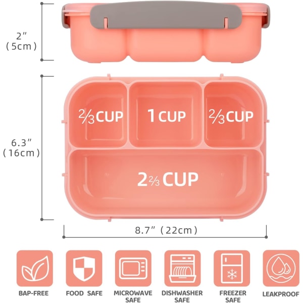 Bento Lunchlåda, Bento Lunchlåda för vuxna, Lunchlåda för toddler/barn/vuxen, 1300 ml-4 fack och gaffel; Läcksäker (rosa)
