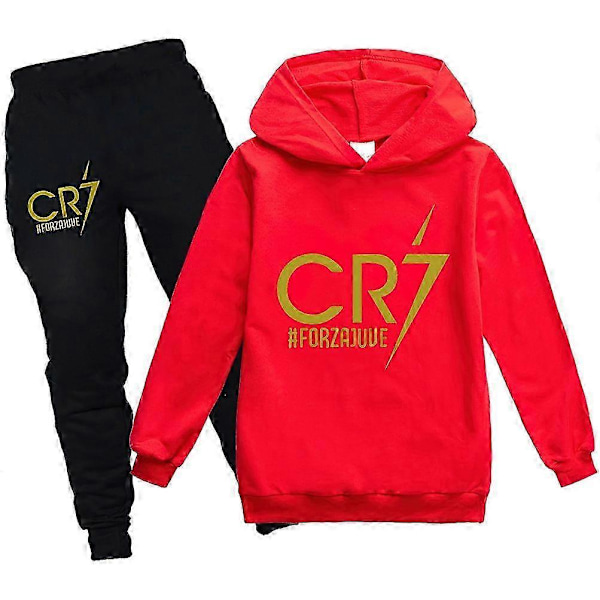 2 st Cristiano Ronaldo Hoodie VM Nr.7 Julklappar Fotbollsstjärna Hoodie och Blå Byxset Flickor Pojkar Hooded Sweatshirt Pullover Toppar Barn T-shirt Red 13-14years