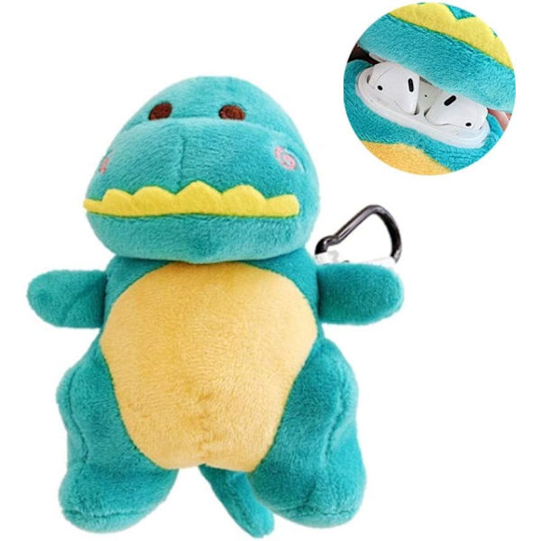 Søt plysj fluffy blå dinosaur etui dyrefigur kompatibel med Airpods1 og Airpod2 tegneserie hodetelefondeksel med nøkkelringklips