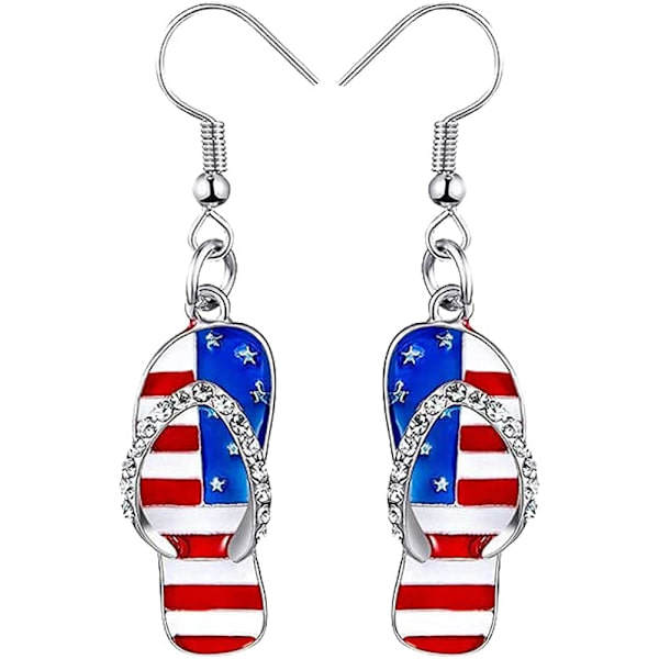 Patriotisk Röd Vit Blå Amerikanska USA Flagga örhängen, Flip Flop Sandal Butterfly Diamond