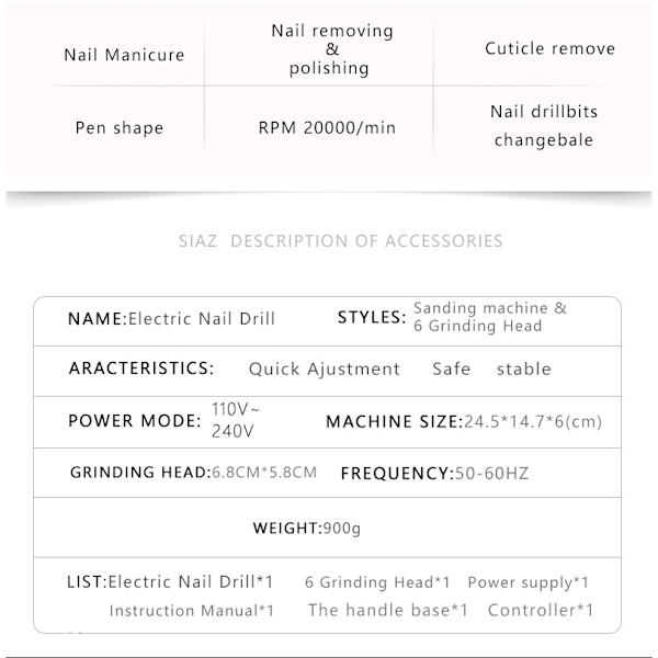 Sähköinen kynsiviila 12 lisävarusteella hiontaan/kiillotukseen Ljusrosa