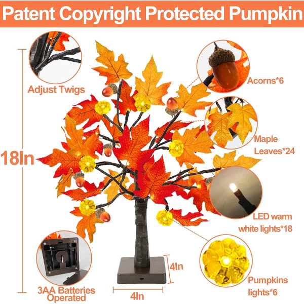 2 stk. 18 tommer forbelyst efterårs ahorn træ med 48 LED'er timer batteridrevet tændte græskar 6 agern bordplade kunstigt efterår efterårstræ