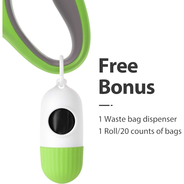 Inrullbar hundkoppel med dispenser och bajspåsar, 16 fot husdjurspromenadkoppel, halkfritt handtag, trasselfri, reflekterande nylonband (S, grön)