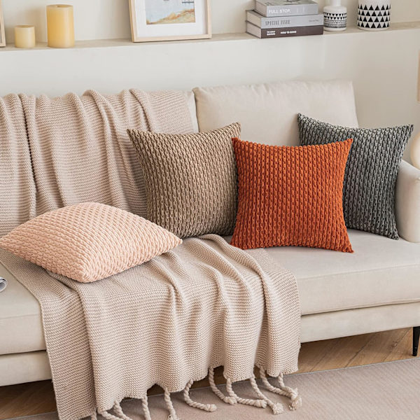 Syksyn heittotyynynpäälliset Pehmeä sametti Koristeellinen Boho-raita tyynyliinat Neliön muotoinen tyynynpäällinen Maalaistalon sisustus, 20x20 tuumaa