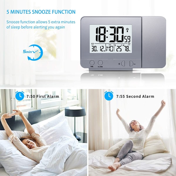 Projektionsväckarklocka för sovrum, stor väckarklocka med projektion på taket med USB-port, batteribackup - silver