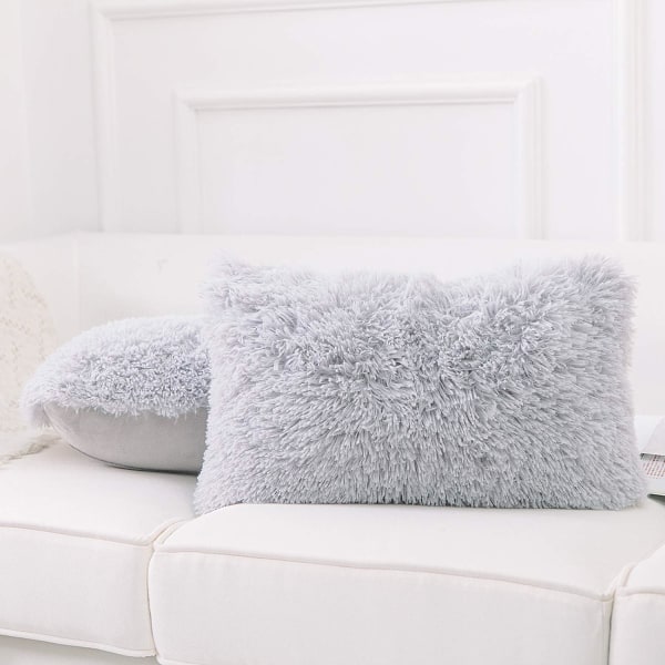 Luxury Soft Faux Fur Fleece Cushion Cover Pillowcase Decorative Throw Pillows Covers, No Pillow Insert, 12" x 20" Inch, White, 2 Pack