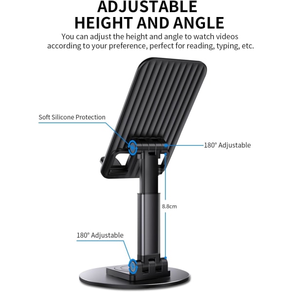 mobiltelefonhållare, justerbar dubbelvikbar skrivbordshållare för mobiltelefon, 360-graders rotation, kompatibel med iPhone/Android/Samsung/Sony (svart)