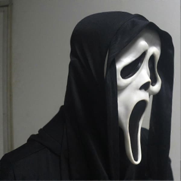 Scream Maske med Sort Hætte Spøgelse Ansigt Halloween Maskerade Tilbehør
