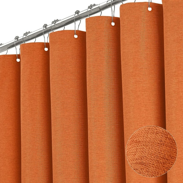 Orange duschdraperi - Set med linnetexturerat vattentätt tyg med 12 plastkrokar, - 72 x 72