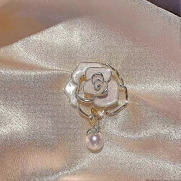 Kamelia Blomma Pärla Emalj Brosch Nål för Dam Smycken Mode Guld Färg 5cm/1.97 tum