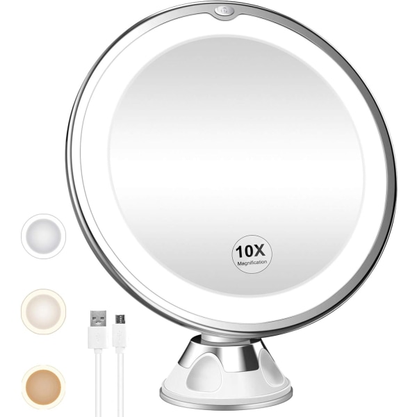 10X förstorande upplyst sminkspegel, uppladdningsbar, 3 färglägen, 360° rotation, kraftfull låsande sugkopp bärbar