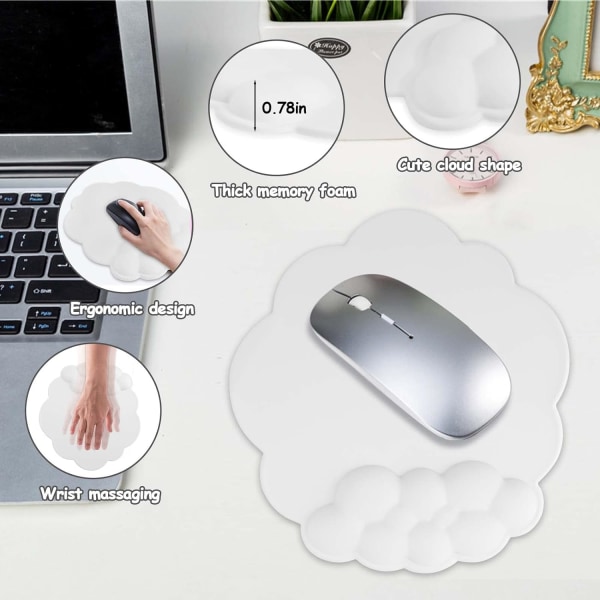 Mouse Cloud handledsstödsdyna, ergonomisk musmatta med memory foam, söt musmatta handledsstöd för dator, bärbar dator, Mac, spel, hemmakontor (vit)