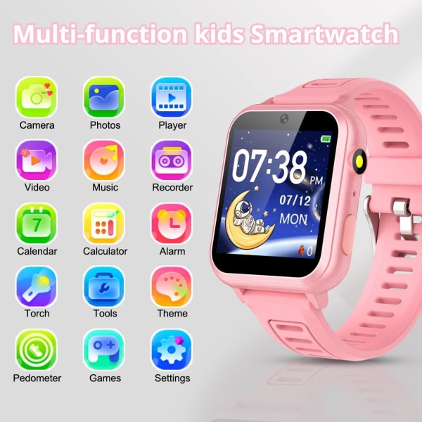 Kids Smartwatch (Pojkar) - Kids Smartwatch med 16 spel|Kamera|Musik|Väckarklocka-rosa