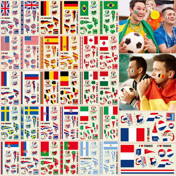 32 ark Nationell flagga Tillfälliga tatueringsklistermärken Qatar World Soccer Cup Tatueringar - Fotbollsmatch Kroppsdekoration National
