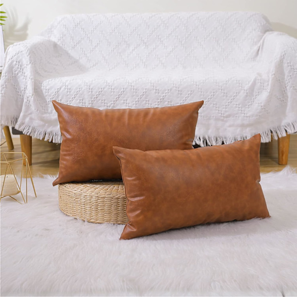 Set med 2 konstläder kuddfodral, moderna bruna utomhus kuddfodral dekorativa örngott för soffa säng soffa (12 x 20 tum)