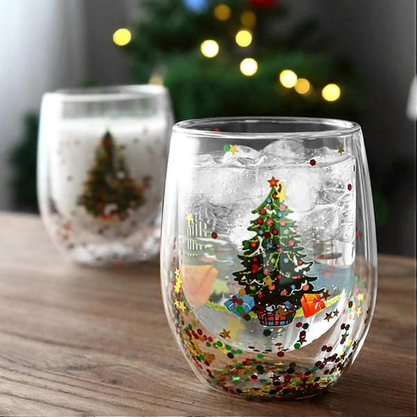 Julglasmugg med julgransdesign, dubbelväggsisolering, rörlig paljettereffekt, 11 cm