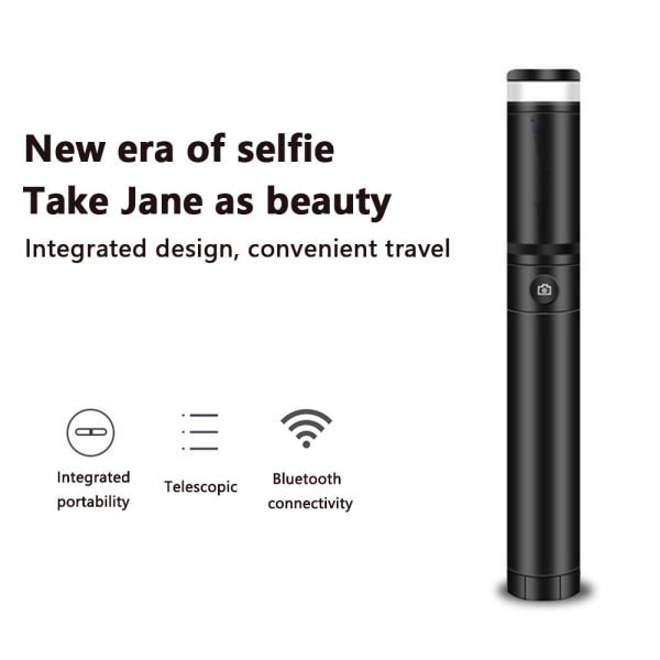Selfie Stick-stativ, infällbar Selfie Stick med löstagbar Bluetooth fjärrslutare och Fill Ljus-ren svart