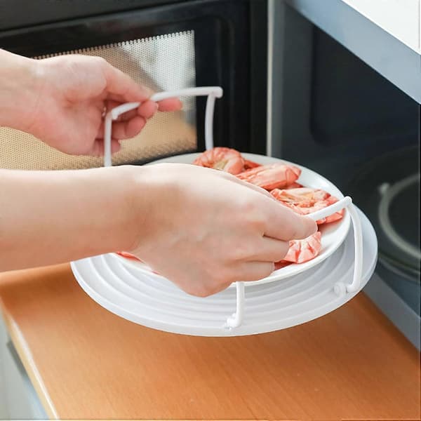 Mikrovågsugnsställ med dubbla värmelager och vikbart stativ, vit rund plastbricka