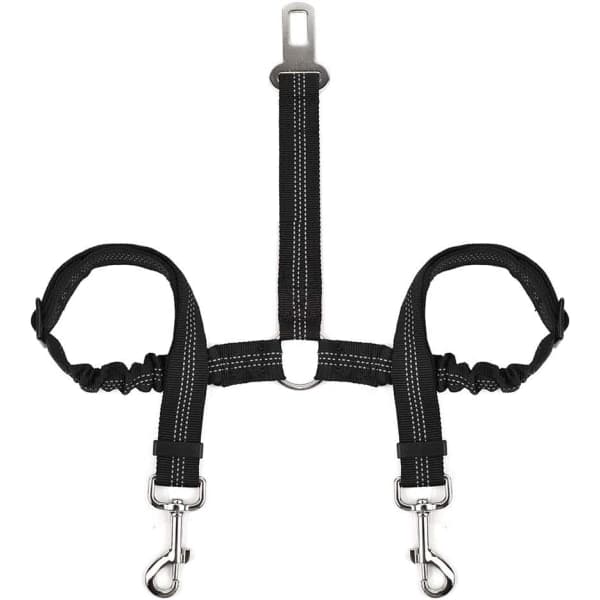 Dubbelt säkerhetsbälte för husdjur, justerbart med elastisk bungee