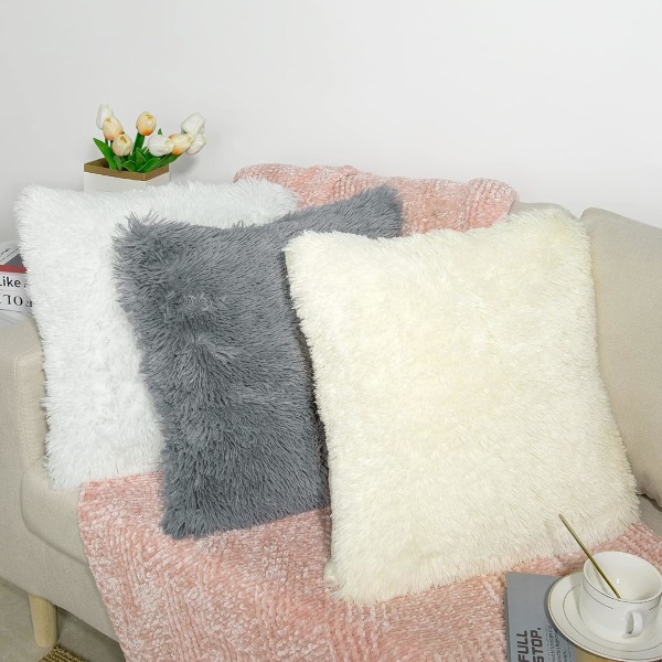 Ett set med 2 örngott, 18x18 krämvit fluffigt örngott, deluxe konstgjord päls fyrkantig soffkudde, soffa vardagsrum sovrum utan örngott