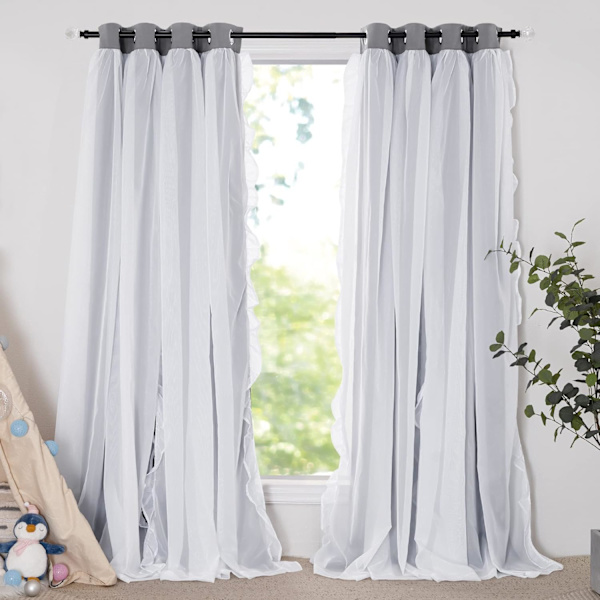 Sovrum Dubbel Plisserad Genomskinlig Täckt Band Upphängningsgardiner Topp, 132,08 cm B x 213,36 cm L, Silvergrå, Set om 2