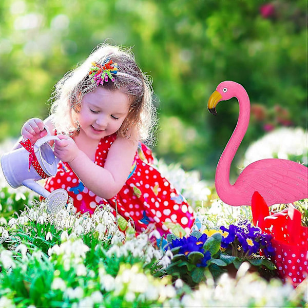 Set med 2 små rosa flamingo-dekorationer för trädgården, mini-gräsmatta, plastflamingo-staty med metallben för gångväg, utomhus trädgårdsdekoration, luau-fest, Bea
