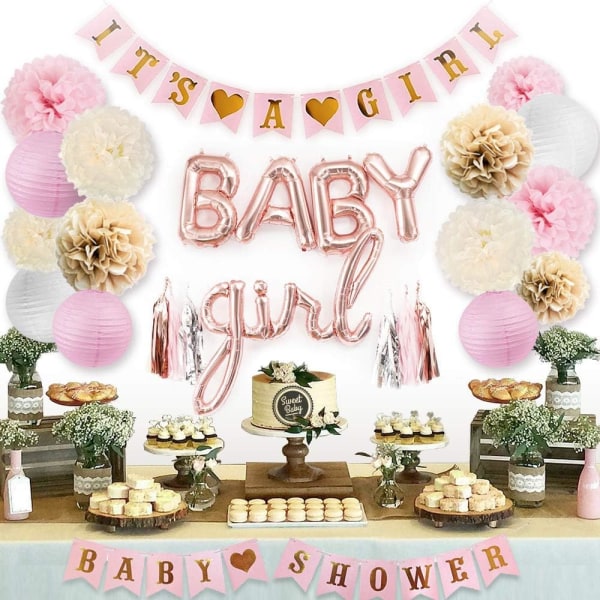 Sweet Baby Co. Pink Baby Shower dekorationer för flicka med dess en flicka banner, Baby Girl bokstavsballonger, blomma pom poms, papperslyktor