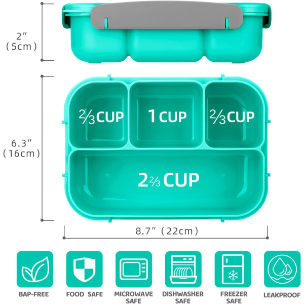 Bento Madkasse, Bento Madkasse til Voksne, Madkasse til Småbørn/Børn/Voksne, 1300ml-4 Rum og Gaffel; Lækagesikker (Grøn)