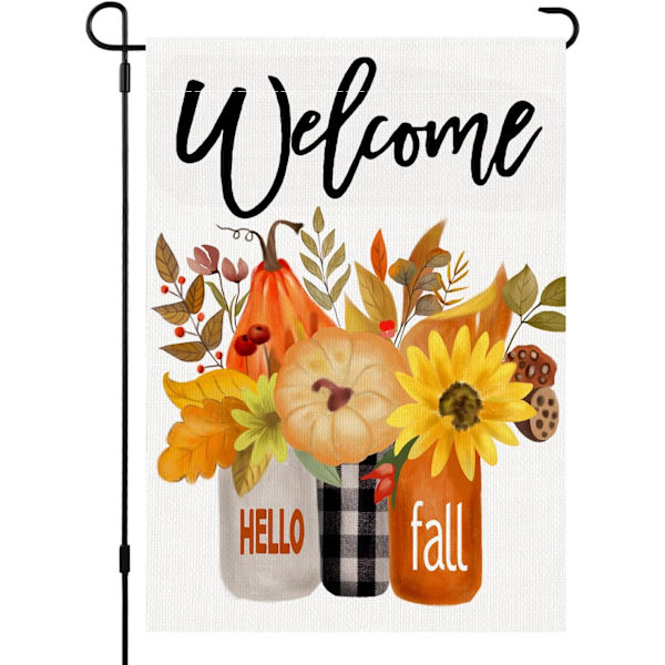 Velkommen Blomsterhave Flag Efterår Mason Jar Efterår Burlap 12x18 Tommer Vertikal Dobbeltsidet Lille Udendørs Havefest Dekoration