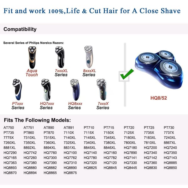 HQ8 Replacement Heads for Philips Norelco Shavers, Compatible with Philips Norelco Aquatec Shavers, New Improved HQ8 Blades, 6-Pack