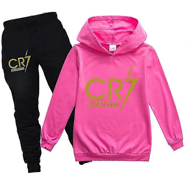 2 st Cristiano Ronaldo Hoodie VM Nr.7 Julklappar Fotbollsstjärna Hoodie och Blå Byxset Flickor Pojkar Hooded Sweatshirt Pullover Toppar Barn T-shirt Rose Pink 2-3years