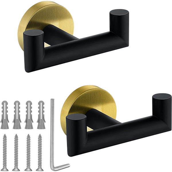 Handdukskrokar för badrum, svart guld handdukskrok för kök badrum, SUS304 rostfritt stål klädkrok, kraftiga dubbla handdukshållare krokar, 2-pack