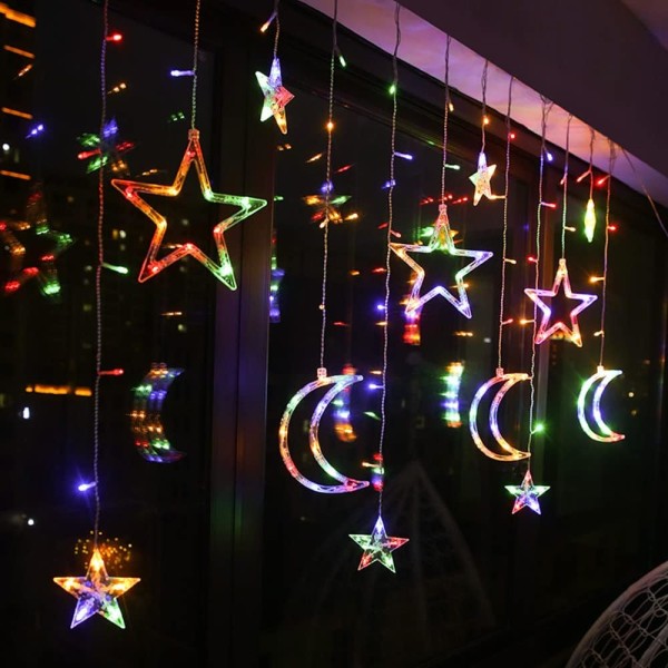Moon Star gardinljus, färgglada fönstergardinljus med fjärrkontroll, ljusslingor för trädgård, uteplats, hem, juldekoration
