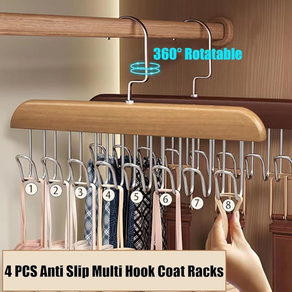 Antiskrid Multi Hook Frakkeholdere, 360 Graders Pladsbesparende Bøjler med 8 Kroge, Multifunktionelle Skridsikre Opbevaringsbøjler 4 STK (Brun)
