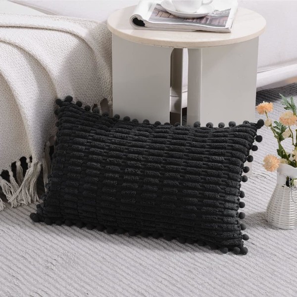 2 pack svart kuddfodral, 12x20 tum, med pompom, lämplig för bäddsoffa, vardagsrum, mjuk manchester, söt midjekuddfodral, 30x50 cm