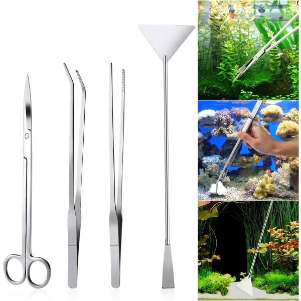 4PCS Stainless Steel Aquarium Tank Aquatic Plant Tweezers and Scissors Spatula Tool Set