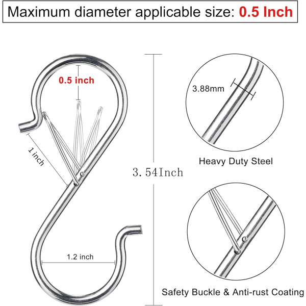 17 stk. S-kroge til ophængning, køkkenkroge, skabstang S-krog til planter, potter, håndklæder og tasker, med sikkerhedsspændedesign, 3,5 tommer