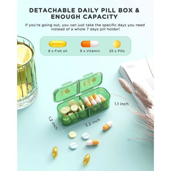 Pill Organizer 2 gånger om dagen, 7 dagar på morgonen Pill Box - Veckovis Pill Organizer med separat behållare, bärbar, grön