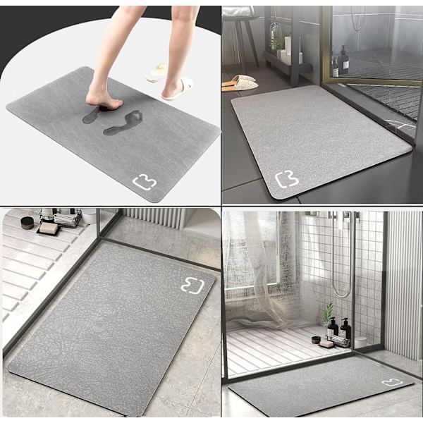 Superabsorberende skridsikker bademåtte Diatomit mikrofiber bademåtte bademåtte brusebadsmåtte blød hurtig tørring (grå, 50 * 80)