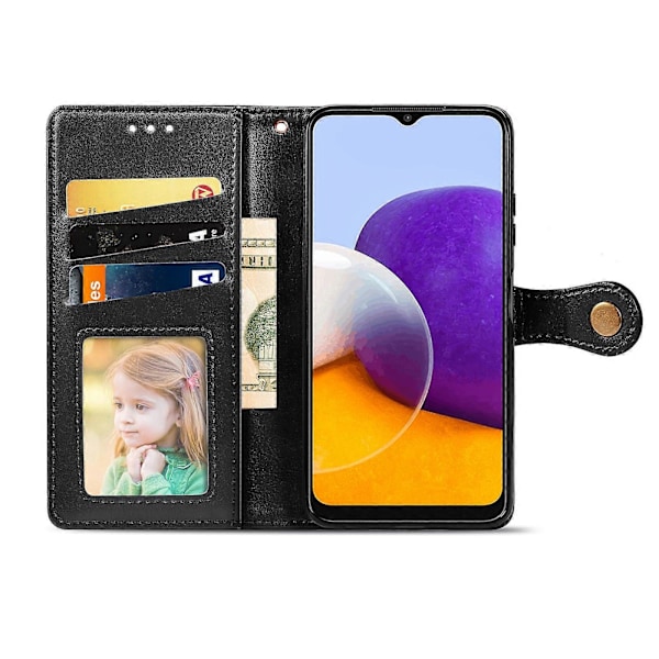 Solid farve læder telefoncover med spænde, lanyard, fotoramme, kortslot, pung og standerfunktion til Samsung Galaxy A22 4G Black