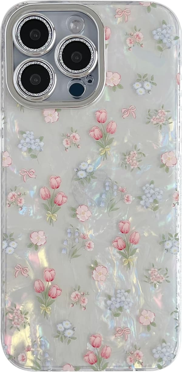 (White) Sweet Tulip Flower Bowknot Shell Pattern Phone Case Compatible with iPhone 12 Case