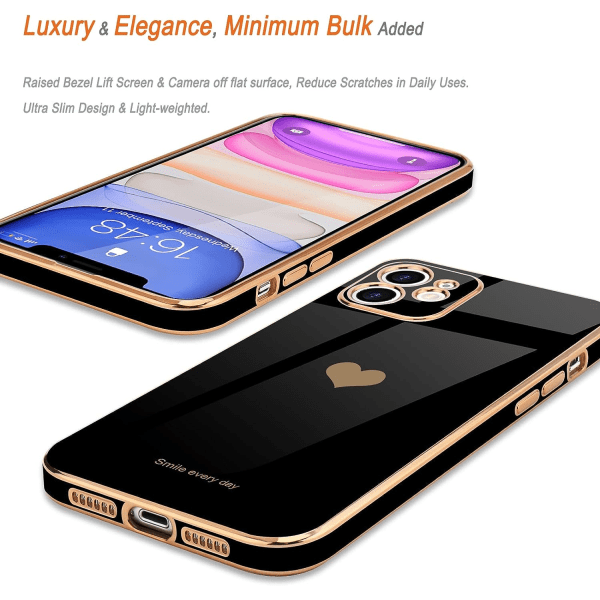 Kompatibel med iPhone 11 Etui til kvinder Pige Sød Kærlighed-Hjerte Luksus Bling Plating Blød Bagside Cover Hævet Fuld Kamera, Sort