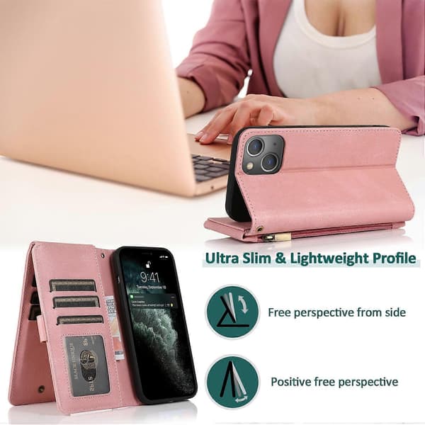 Läderfodral med dragkedja och plånbok för iPhone 14 Pro