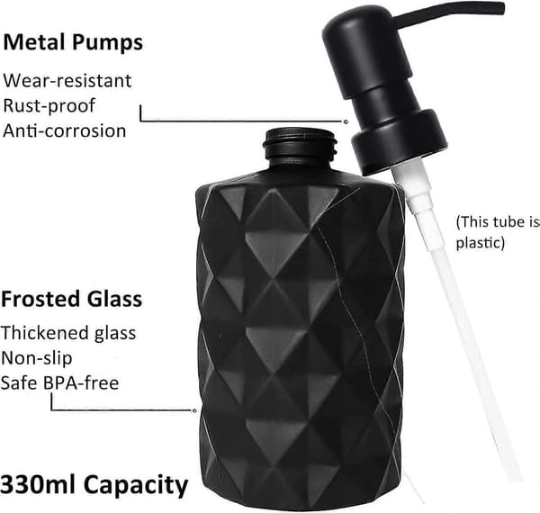 Sæbedispenser i glas, 330 ml sæbedispenser med rustfri metalpumpe, 12 oz genopfyldelig håndsæbeflaske 2 stk.