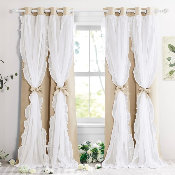 Curtains Children's Double Curtains Pleated Sheer Covering Room Darkening Pretty Chic Princess, 132.08 x 213.36 cm, Biscotti Beige, 2 Pieces