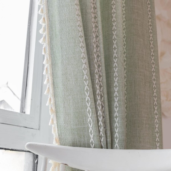 Bohemian Gardiner - Broderede Stribede Linned Gardiner 84 Tommer Lange 2 Stykker Soveværelse ( B 132,08 cm x L 160,02 cm, Grå Grøn)